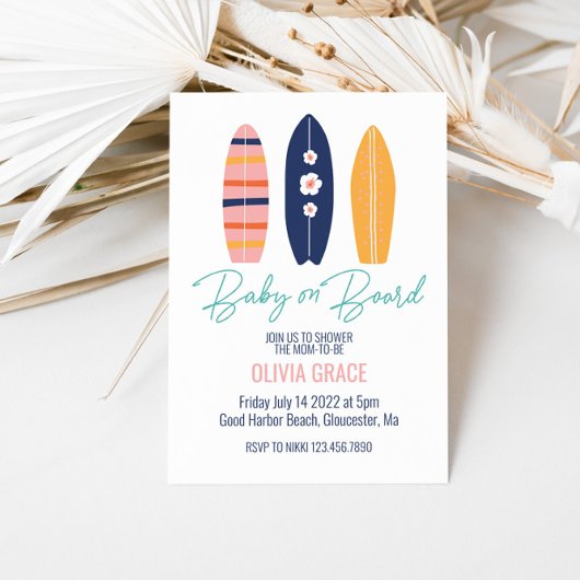 Baby an Bord Pink Surfboard Babydusche Einladung