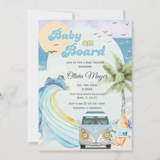Baby an Bord Retro Surfing Beach Baby Dusche Einladung (Vorderseite)