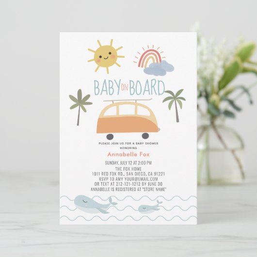 Baby an Bord Sunshine Rainbow Van Baby Shower Einladung (Stehend Vorderseite)
