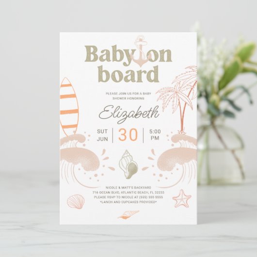 Baby an Bord Surf Baby Shower Einladungskarte Einladung (Stehend Vorderseite)