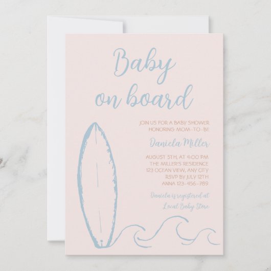 Baby an Bord Surf Handgezogenes Baby Boy Dusche Einladung (Vorderseite)
