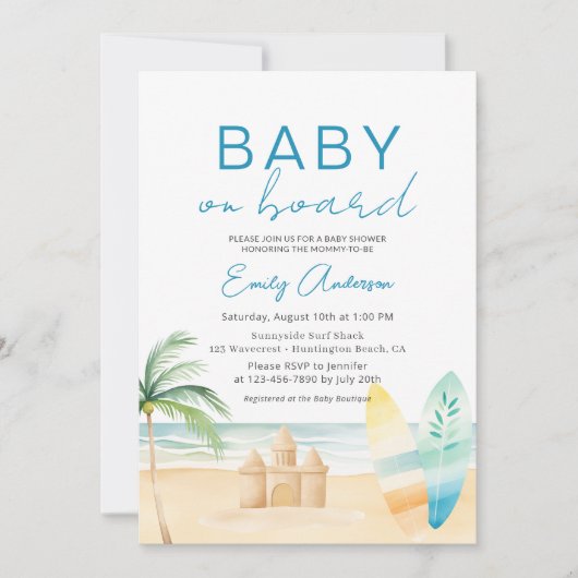 Baby an Bord Surfboard Beach Baby Dusche Einladung (Vorderseite)