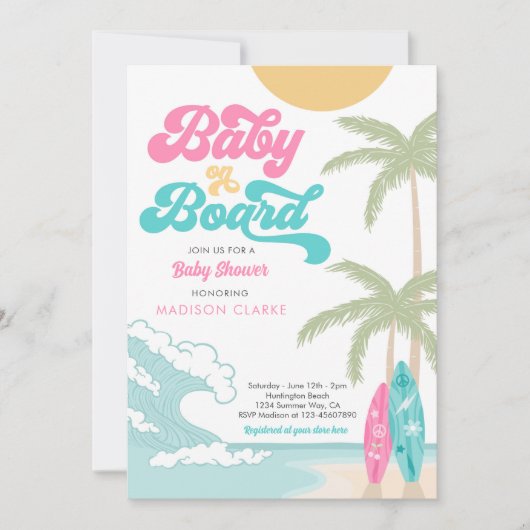 Baby an Bord Surfboard Beach Retro Baby Dusche Einladung (Vorderseite)