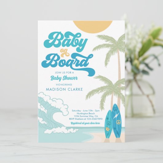 Baby an Bord Surfboard Beach Retro Baby Dusche Einladung (Stehend Vorderseite)
