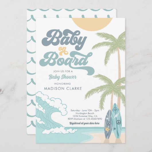 Baby an Bord Surfboard Beach Retro Baby Dusche Einladung (Vorne/Hinten)