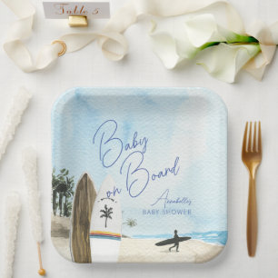Baby an Bord Surfboard Strand Blau Jungen Baby-Par Pappteller