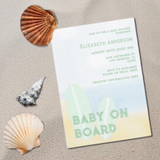 Baby an Bord Surfbrett Beach Wasserfarbe Babydusch Einladung