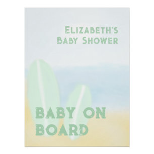 Baby an Bord Surfbrett Beach Wasserfarbe Babydusch Poster