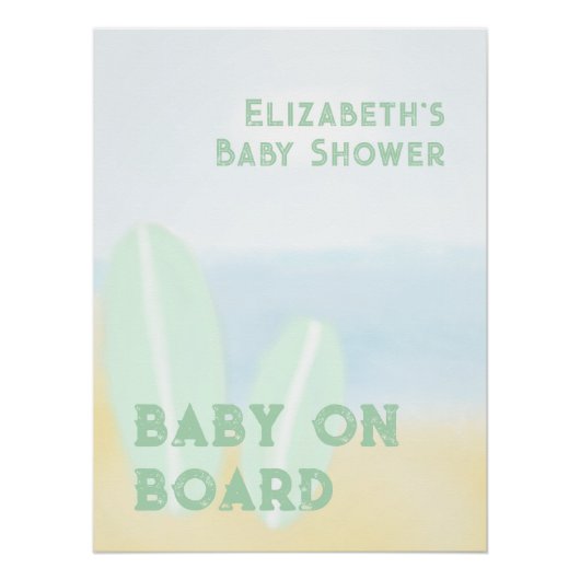 Baby an Bord Surfbrett Beach Wasserfarbe Babydusch Poster (Vorderseite)