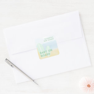 Baby an Bord Surfbrett Beach Wasserfarbe Babydusch Quadratischer Aufkleber