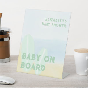 Baby an Bord Surfbrett Beach Wasserfarbe Babydusch Sockelschild