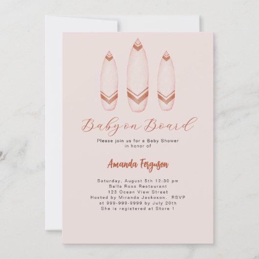 Baby an Bord Surfbrett beige braun Babydusche Einladung (Vorderseite)