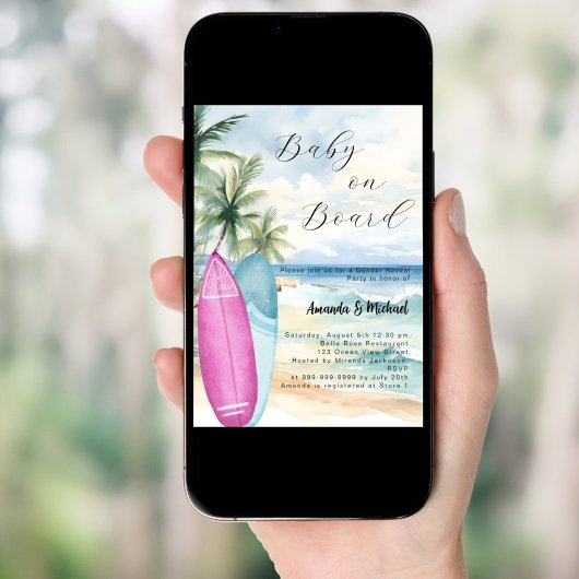 Baby an Bord Surfbrett Mädchen Junge Gender Reveal Einladung