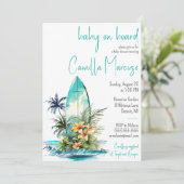 Baby an Bord, Surfbrett, Palm Tree Babydusche Einladung (Stehend Vorderseite)