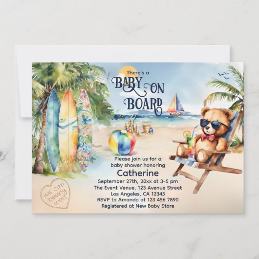 Baby an Bord Surfbrett Teddy Bear Baby Dusche Einladung (Vorderseite)