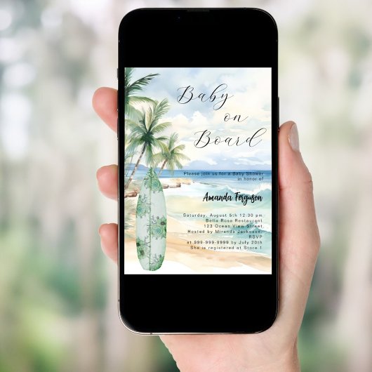 Baby an Bord Surfbrett tropische Strand Baby Dusch Einladung