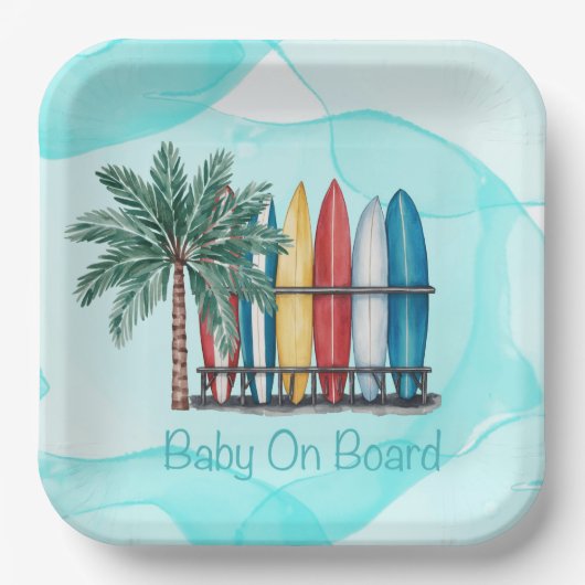 Baby an Bord Surfen Aquamarine Babydusche Pappteller (Vorderseite)