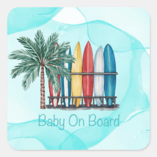 Baby an Bord Surfen Aquamarine Babydusche Quadratischer Aufkleber