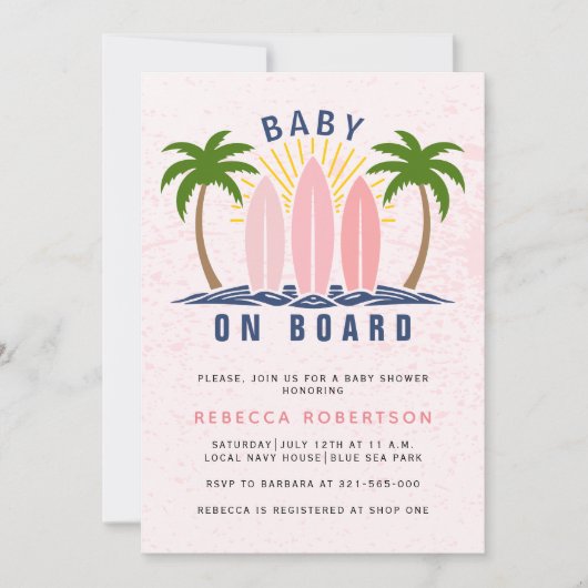 Baby an Bord Surfen Spritzen Rosa Mädchen Dusche Einladung (Vorderseite)