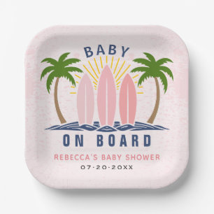 Baby an Bord Surfen Spritzen Rosa Mädchen Dusche Pappteller