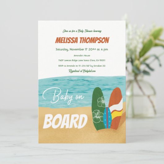 Baby an Bord Surfen Tropical Beach Baby Dusche Einladung (Stehend Vorderseite)