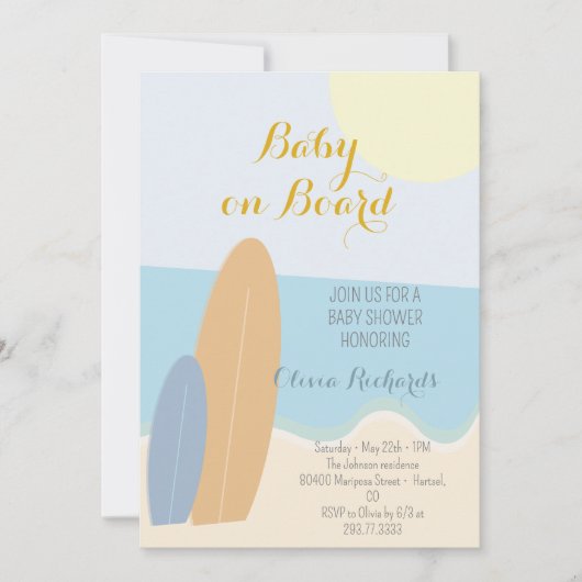 Baby an Bord Surfing Beach Baby Dusche Einladung (Vorderseite)