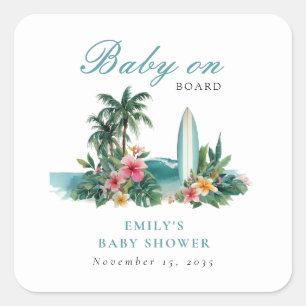 Baby an Bord Surfstrand-Baby-Party Quadratischer Aufkleber