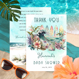 Baby an Bord Tropical Surfing Floral Baby Shower Dankeskarte