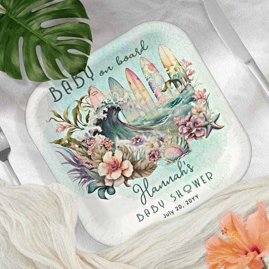 Baby an Bord Tropical Surfing Floral Baby Shower Pappteller