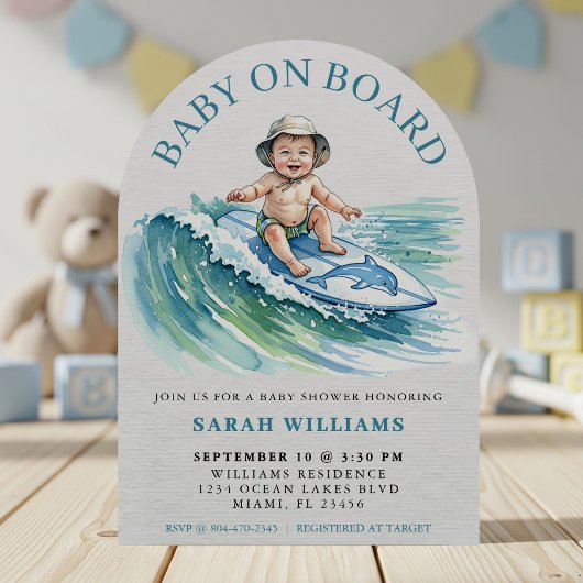 Baby an Bord Wasserfarbe Surfbabydusche Einladung