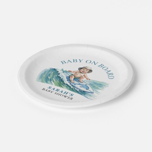 Baby an Bord Wasserfarbe Surfbabydusche Pappteller (Schrägansicht)