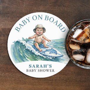 Baby an Bord Wasserfarbe Surfbabydusche Runder Pappuntersetzer