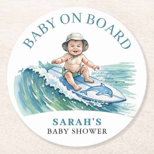 Baby an Bord Wasserfarbe Surfbabydusche Runder Pappuntersetzer (Vorderseite)