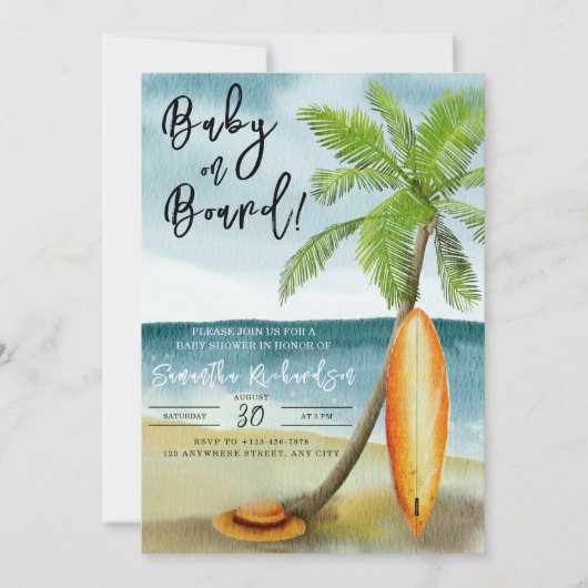 Baby an Bord Wasserfarben Surfstrand Babydusche Einladung (Vorderseite)