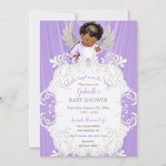 Baby Angel Lavender Silver Dark Skin Tone Einladung (Vorderseite)