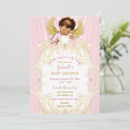 Baby Angel Pink Gold Girl Ethnic Einladung (Stehend Vorderseite)