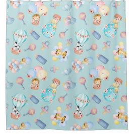 Baby Animal Balloon Flasche Toys Light Blue Themed Duschvorhang