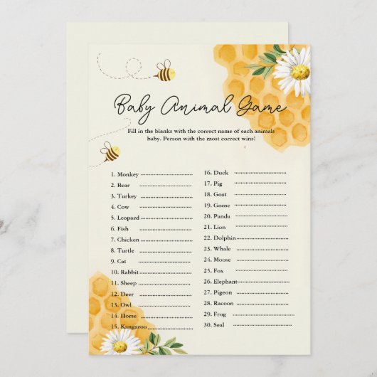 Baby Animal BEE Baby Shower Game Card Einladung (Vorne/Hinten)