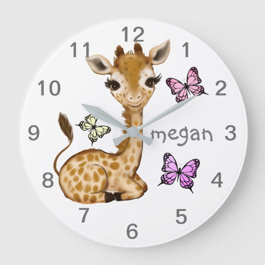 Baby Animal Giraffe Butterfly Kinderzimmer Wall Cl Große Wanduhr (Vorderseite)