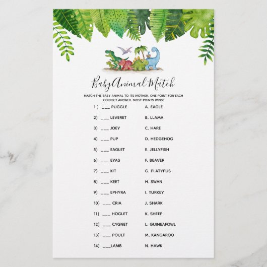 Baby Animal Match Dinosaur Baby Shower Game (Vorderseite)