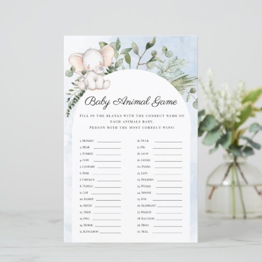 Baby Animals Boy Blue Elephant Baby Shower Game (Stehend Vorderseite)