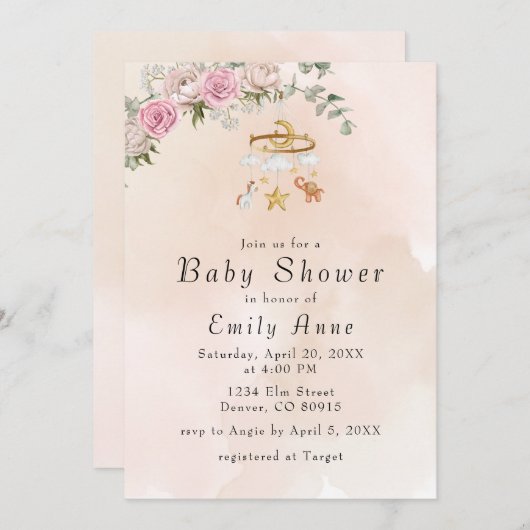 Baby Animals Carousel Peach Baby Dusche Einladung (Vorne/Hinten)