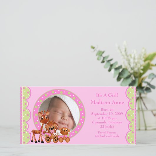 Baby Animals FOTO Girl Birth Ankündigung (Stehend Vorderseite)