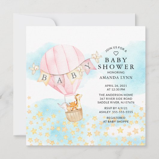 Baby Animals Hot Air Balloon Ride Girl Baby Dusche Einladung (Vorderseite)