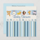 Baby Animals & Stripes Blue Baby Dusche Einladung (Vorne/Hinten)