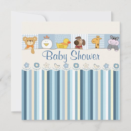 Baby Animals & Stripes Blue Baby Dusche Einladung (Vorderseite)