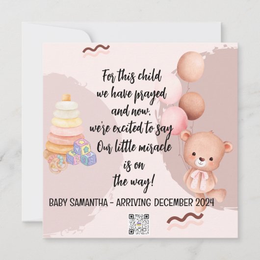 Baby Announcement Card Girl Bear (Vorderseite)