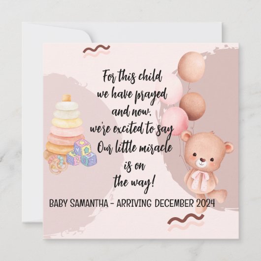 Baby Announcement Card Girl Bear (Vorderseite)