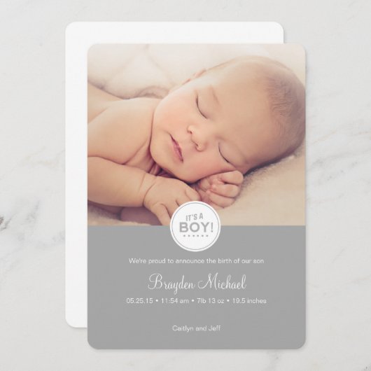 Baby Announcement Card in Gray - Es ist ein Junge! Ankündigung (Vorne/Hinten)