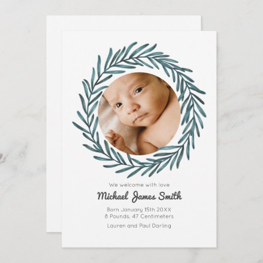 Baby Announcement Photo Card Wreath Baby greenery Einladung (Vorne/Hinten)